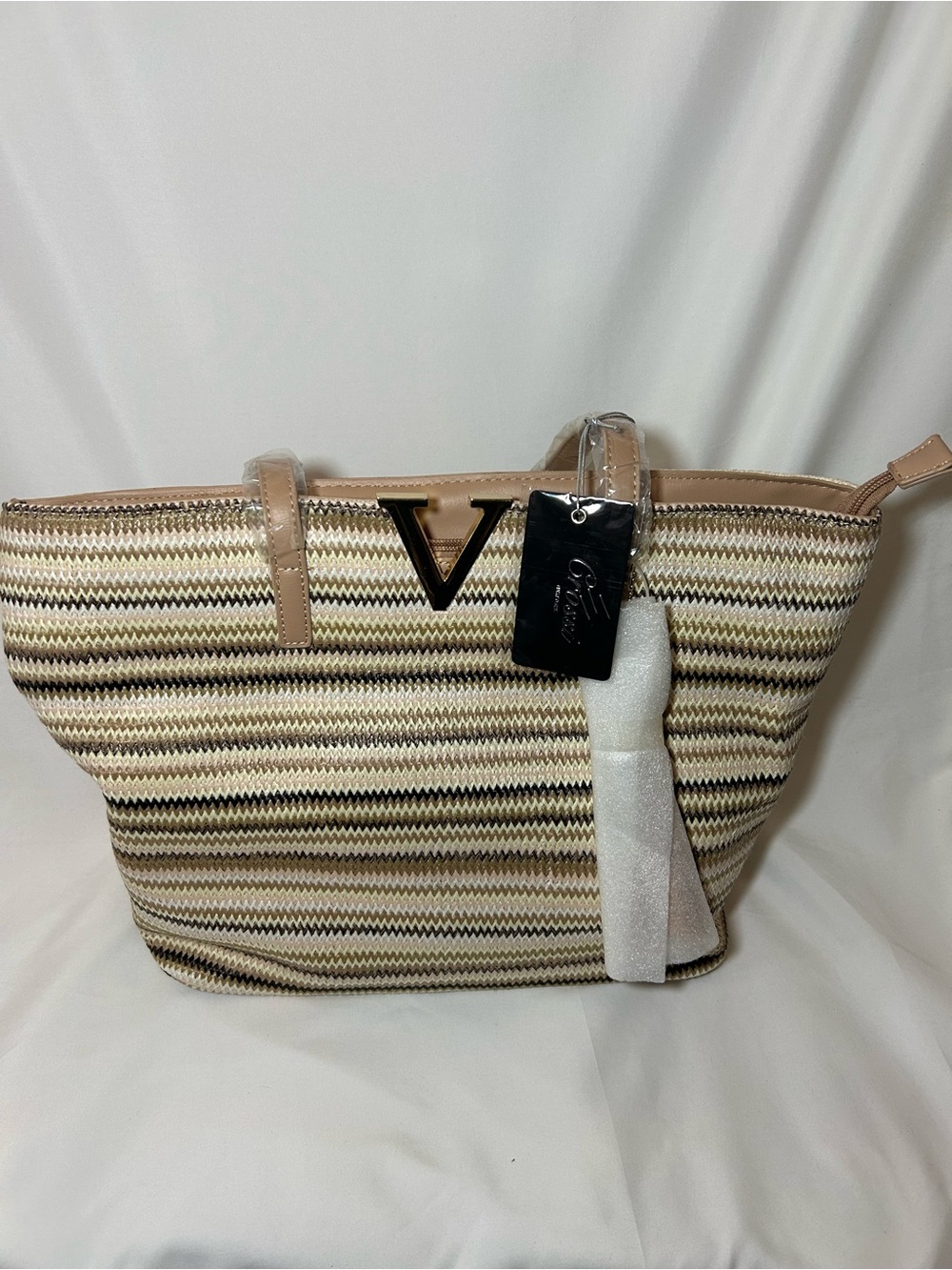Woven Stripe Tote Bag in Beige Crossi brand